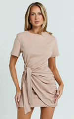 Candace Mini Dress - Faux Wrap Shift Dress in Beige