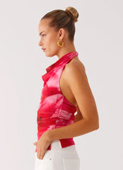 Delany Halter Top - Peach Watermelon Flower
