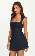 Heather Mini Dress - Square Neck A Line Denim Mini Dress in Raw