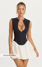 Schiffer Mini Dress - Low Cut Notch Neck Contrast Denim Mini Dress in Raw