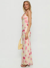 Baley Bias Cut Frill Maxi Dress White Floral