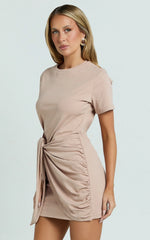 Candace Mini Dress - Faux Wrap Shift Dress in Beige