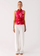 Delany Halter Top - Peach Watermelon Flower