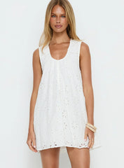 Eberta Ruched Baby Doll Mini Dress White Anglaise