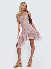 Celinda Asymmetrical Midi Dress Pink Multi Check