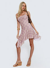 Celinda Asymmetrical Midi Dress Pink Multi Check