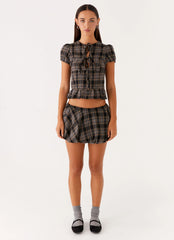 Lucia Puff Sleeve Top - Brown Check