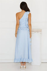Moonlit Thoughts One Shoulder Maxi Dress Blue