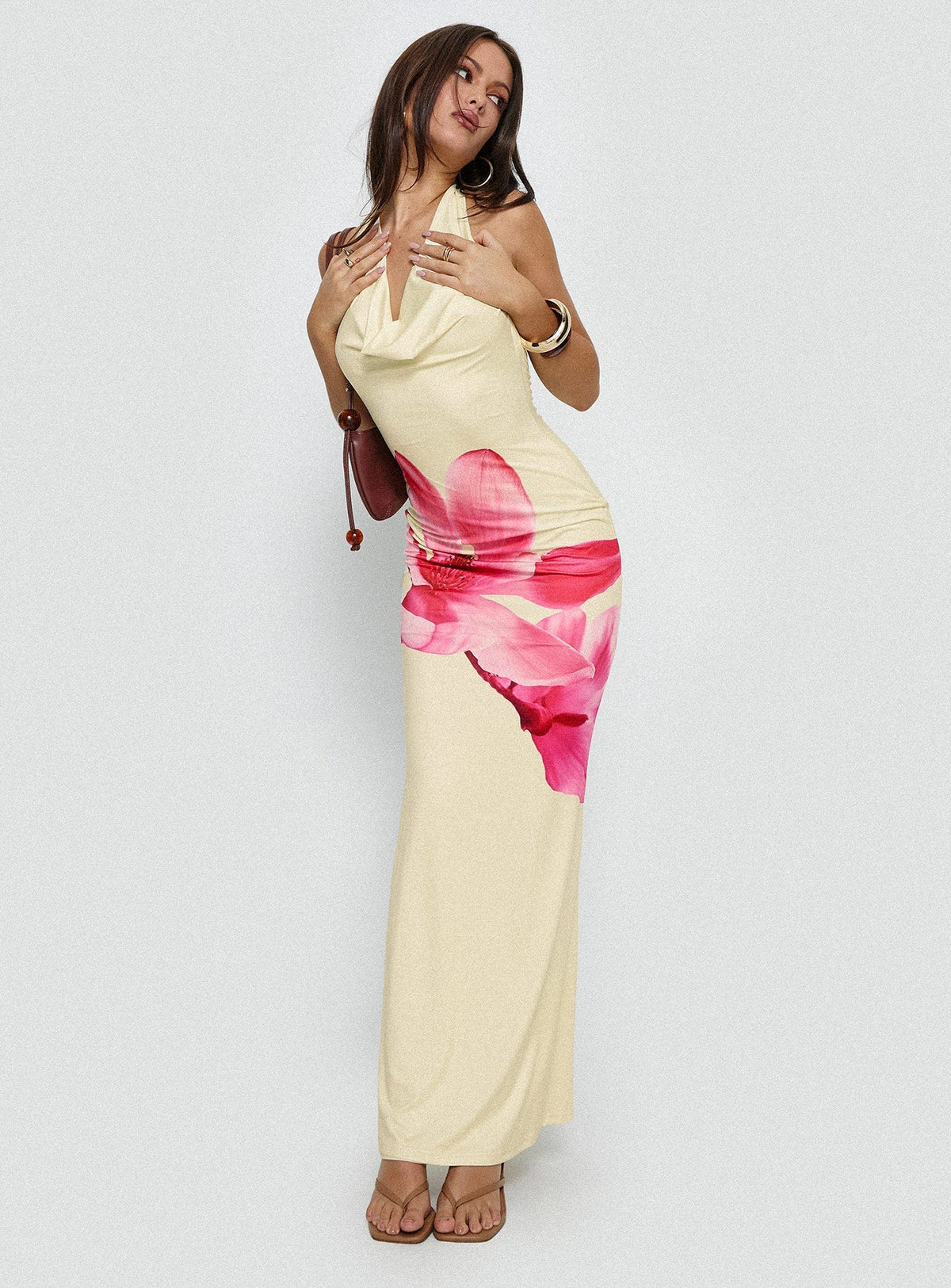 Raleina Halter Cowl Neck Maxi Dress Lemon Floral